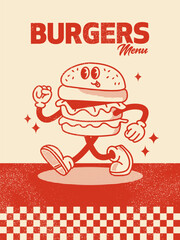 Red Burger Menu Poster. Vector Illustration of Retro Cartoon Happy Concept. Street Food.