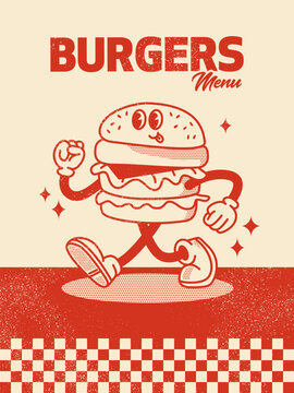 Naklejki Red Burger Menu Poster. Vector Illustration of Retro Cartoon Happy Concept. Street Food.