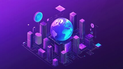 Global network, digital city, futuristic technology, data center, isometric illustration.
