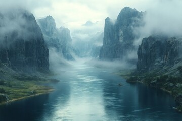 Fototapeta premium a stunning landscape of a river flowing through majestic mountains, shrouded in mist and clouds