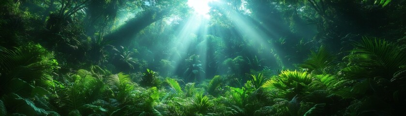 Naklejka premium sunlight streaming through the lush foliage in a dense, vibrant forest. The scene is filled with greenery, creating a sense of depth and mystery