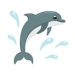 Cute cartoon dolphin with water splashes. Sea animal character on white background. Blue and grey colors. Vector design for use in card, banner, stickers. Print on fabric and paper. Flat  illustration