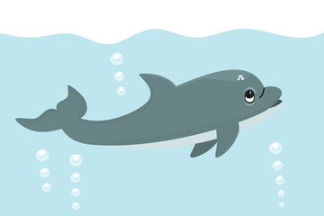 Cartoon dolphin swimming underwater with air bubbles. Cute animal character  looks up at the surface of the sea. Blue, grey and white colors. Print on fabric and paper. Vector flat illustration.