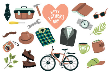 Fathers Day set of vector illustrations of men's things. bicycle, hat, tie, shoes, shirt, suit, wallet, cup, watch, tools and mustache. Cartoon stickers collection on white background. Flat  style.