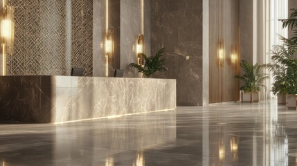 A chic hotel lobby with a large reception desk made from polished marble