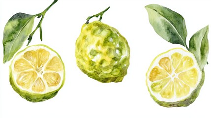 Bergamot fruit painted in watercolor. A single image, separate from any background.