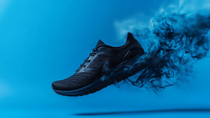 A dynamic product photography shot of a black menâ€™s running shoe, captured mid-air with fluttering laces against a blue background, emphasizing motion and athletic style
