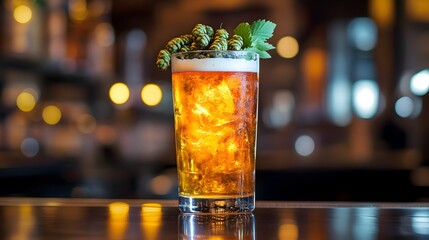 Refreshing pint of ipa on a sleek bar garnished with hops and vibrant greenery highlighting craft brewing excellence
