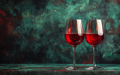  Two exquisite red wine glasses reflect sophistication against a vibrant, textured backdrop, perfect for celebrations or intimate gatherings.