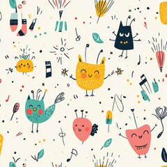 A colorful repeating pattern featuring whimsical cartoon creatures and objects