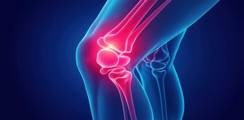 Knee pain highlighted in red on x-ray scan showing bones and ligaments