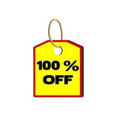 100% off yellow tag with red border, beige cord and white background