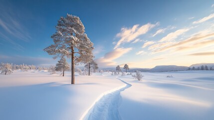 Snow Covered Pine Tree Winter Landscape Serene Path Sunset Sky