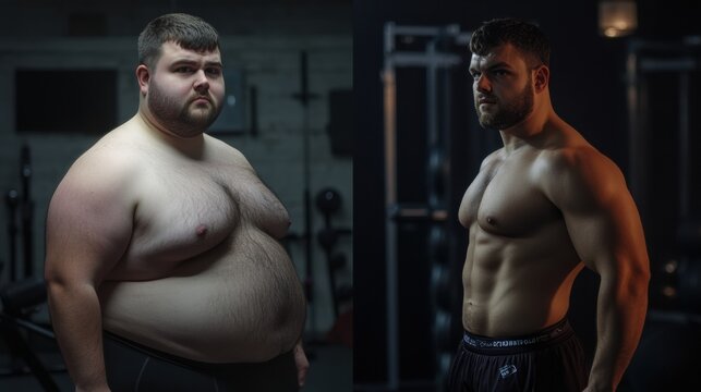 Transformation journey captured in Saint Petersburg gym highlights fitness success with dramatic lighting Generative AI