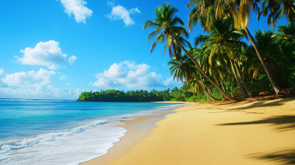Obraz premium Idyllic Tropical Beach with Palm Trees and Golden Sand Under a Clear Blue Sky and Bright Sun – Perfect Summer Vacation Getaway