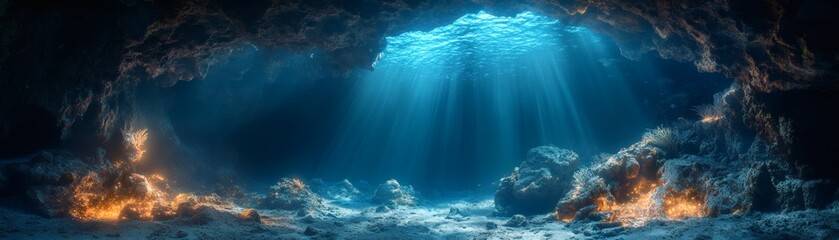 Obraz premium a mystical underwater cave with radiant, ethereal light streaming through the surface, creating a dreamlike atmosphere