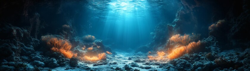 Fototapeta premium a mysterious underwater scene, showcasing the depths of the ocean with light rays. There are rock formations and corals, with an ethereal glow.