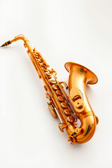 Naklejka premium Shiny Golden Brass Saxophone with Elegant Curves, Clean Studio Setup for Music Instrument Showcase with Copy Space 