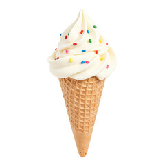 Close-up of a vanilla ice cream cone with colorful sprinkles on a white background.
