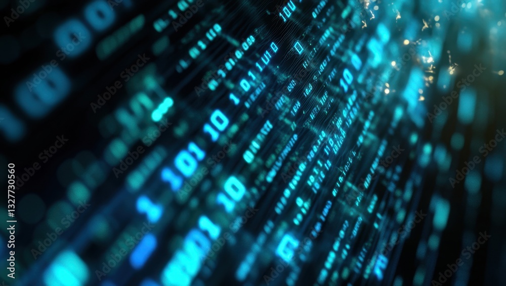 Poster digital background featuring blue and green numbers, binary code, and a data stream in motion on a d