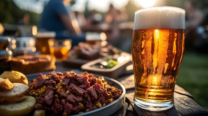 Outdoor picnic table set with a cold beer and a plate of savory food creating a relaxed dining atmosphere