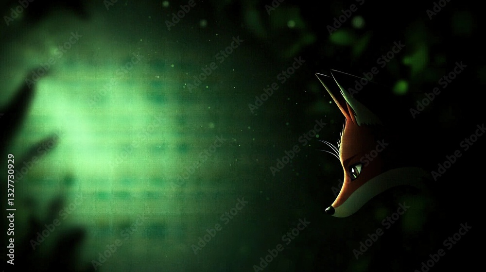 Wall mural a focused image of a fox's head on a green backdrop with an out-of-focus depiction of a building in 