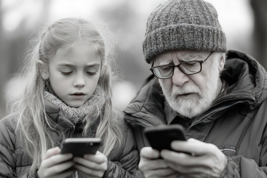 a girl and an elderly man looking intently at their smartphone screens. The black and white color scheme creates a thoughtful atmosphere,  