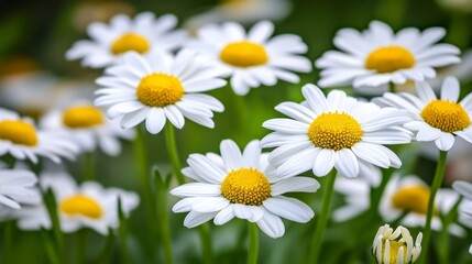 Close-up of vibrant white daisies with yellow centers blooming in a lush green garden