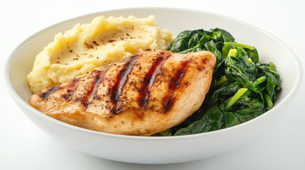 Grilled Chicken with Creamy Mashed Potatoes and Fresh Spinach in a Bowl - Perfect for a Nutritious Meal Presentation and Healthy Eating Inspiration