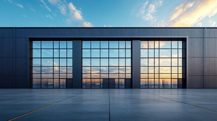 Fototapeta premium urban industrial architecture, urban building with metal cladding and large glass windows against city backdrop, with space for text