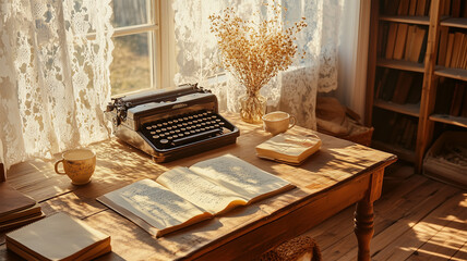 田舎の書斎に広がる夕暮れの温もり