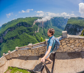 Male tourist exploring Sumidero Canyon National Park, Mexico. Adventurous traveler enjoying...