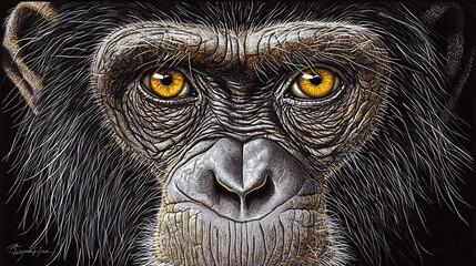 Close up of wise chimpanzee with deep set eyes expressive face and detailed fur texture The dark background enhances the emotional depth of this portrait