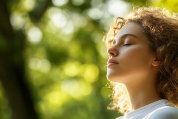Naklejka premium Young woman enjoying fresh air with closed eyes in a green park, taking a deep breath and feeling relaxed