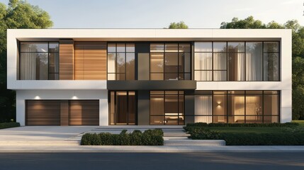 A contemporary villa with a minimalist design, featuring large windows and a combination of white walls and natural wood accents