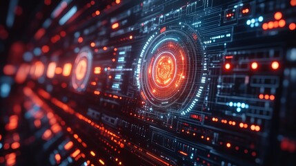 a detailed view of a futuristic computer circuit board with neon lights, digital technology and a complex pattern