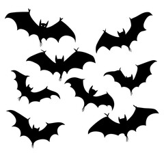 Fototapeta premium Black bats silhouettes, flying bats, Halloween thene, minimalist design, vector graphics, white background, spooky atmosphere
