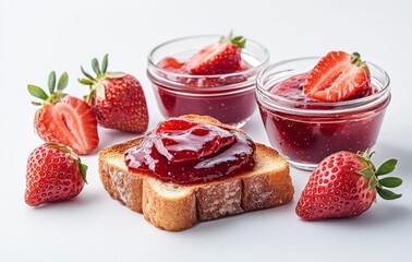 Enjoying Strawberry Jam on Toast with Fresh Strawberries and Jars