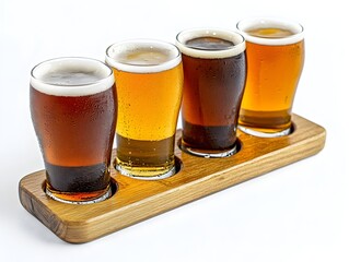 A wooden tray featuring four glasses of craft beer isolated on a white background for a tasting experience display