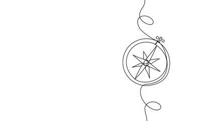 Horizontal banner continuous line magnetic compass. Land, sea, navigation, geography compass, pointer. Vector line art
