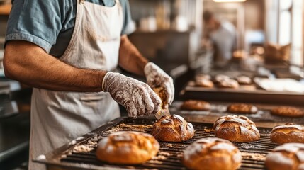 A baker prepares freshly baked bread in a professional kitchen setting