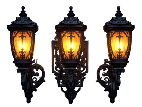 Old Vintage street lamps with gothic lanterns, ornate black metal fixtures, glowing amber light, atmospheric illumination, PNG file isolated on transparent background cut out, clipping path,
