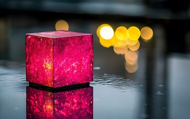 Glowing Pink Cube Lamp Reflecting Lights at Night