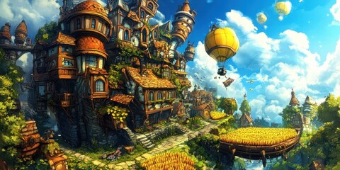 Obraz premium An imaginative village nestled in a vibrant landscape with balloons overhead