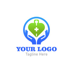 Modern Logo Of a green heart with a plus sign in the center held by two hands.