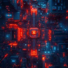 Obraz premium a stunning and intricate digital motherboard with a futuristic aesthetic, illuminated by vibrant red and blue lights