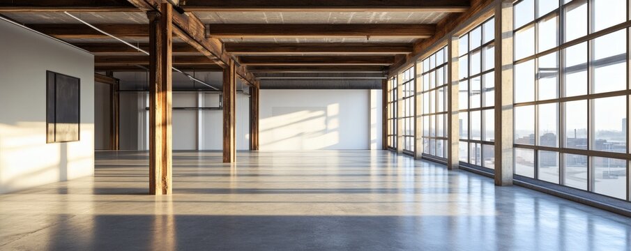 A large empty industrial loft space with abundant natural lighting