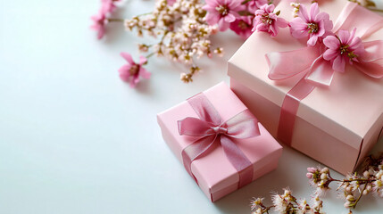 Elegant pastel pink gift boxes with floral accents on a white surface, perfect for spring celebrations, weddings, or baby showers. Ideal for greeting cards or promotional materials.