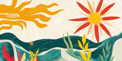 A colorful illustration of a stylized landscape and bright suns