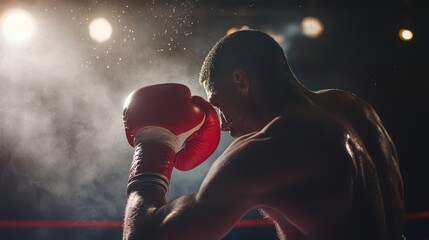 A determined boxer in a boxing ring prepares for a fight